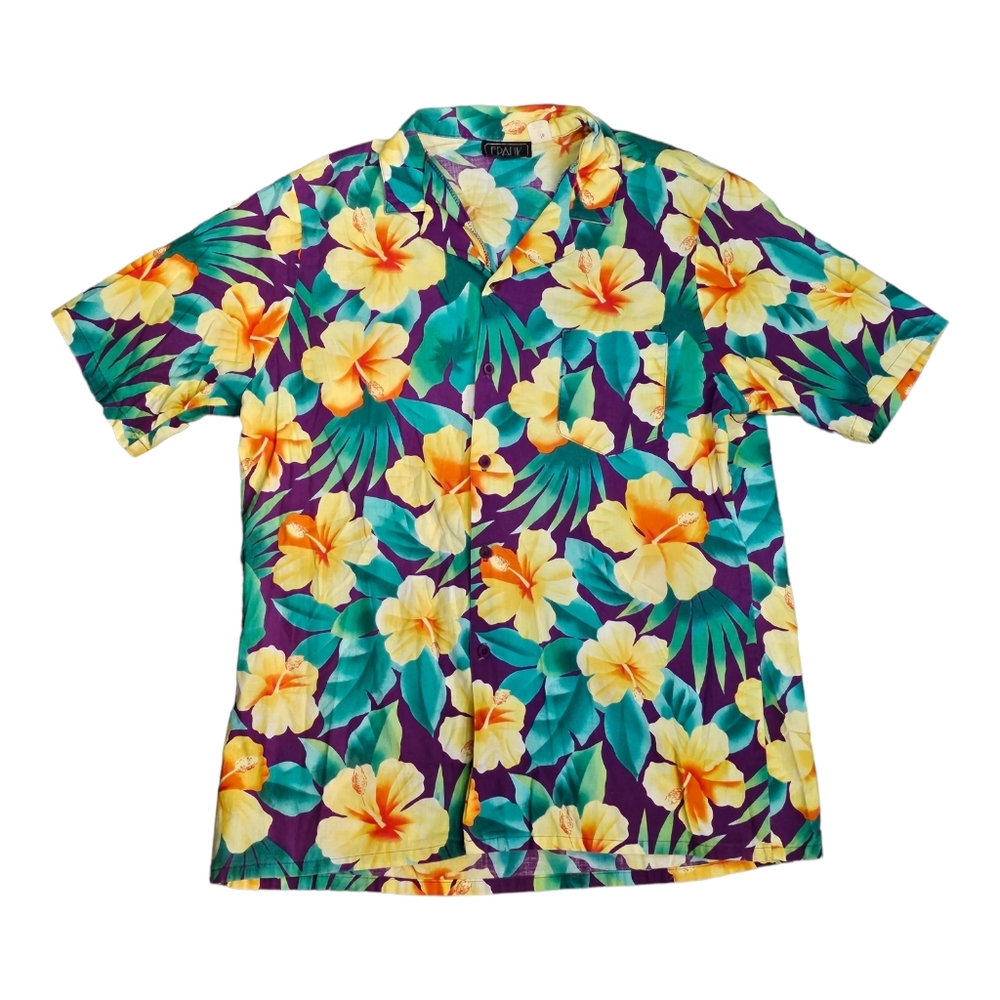 Vintage‎ Frank Hawaiian Button Up Shirt XL Colorful Hibiscus Floral Aloha Tiki